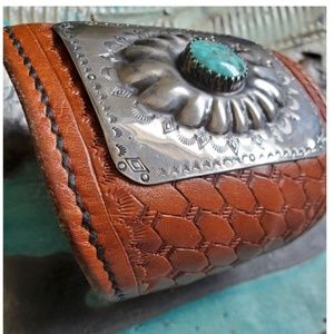 Leather cuff with sterling silver and turquoise